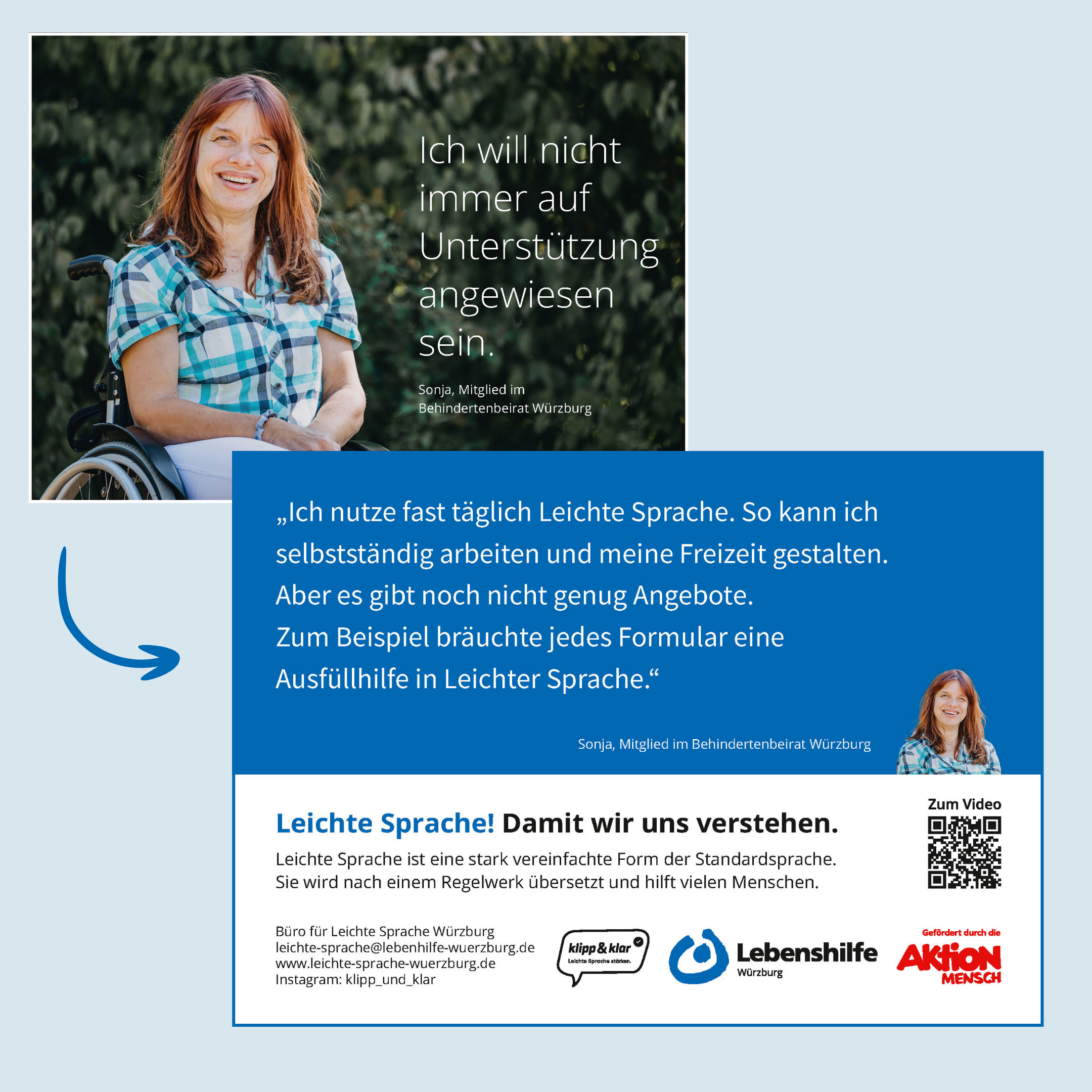 2025_BildLSPostkarten_Rueckseite Rückseite einer Postkarte mit langem Zitat zur Leichten Sprache und QR-Code zum Video.